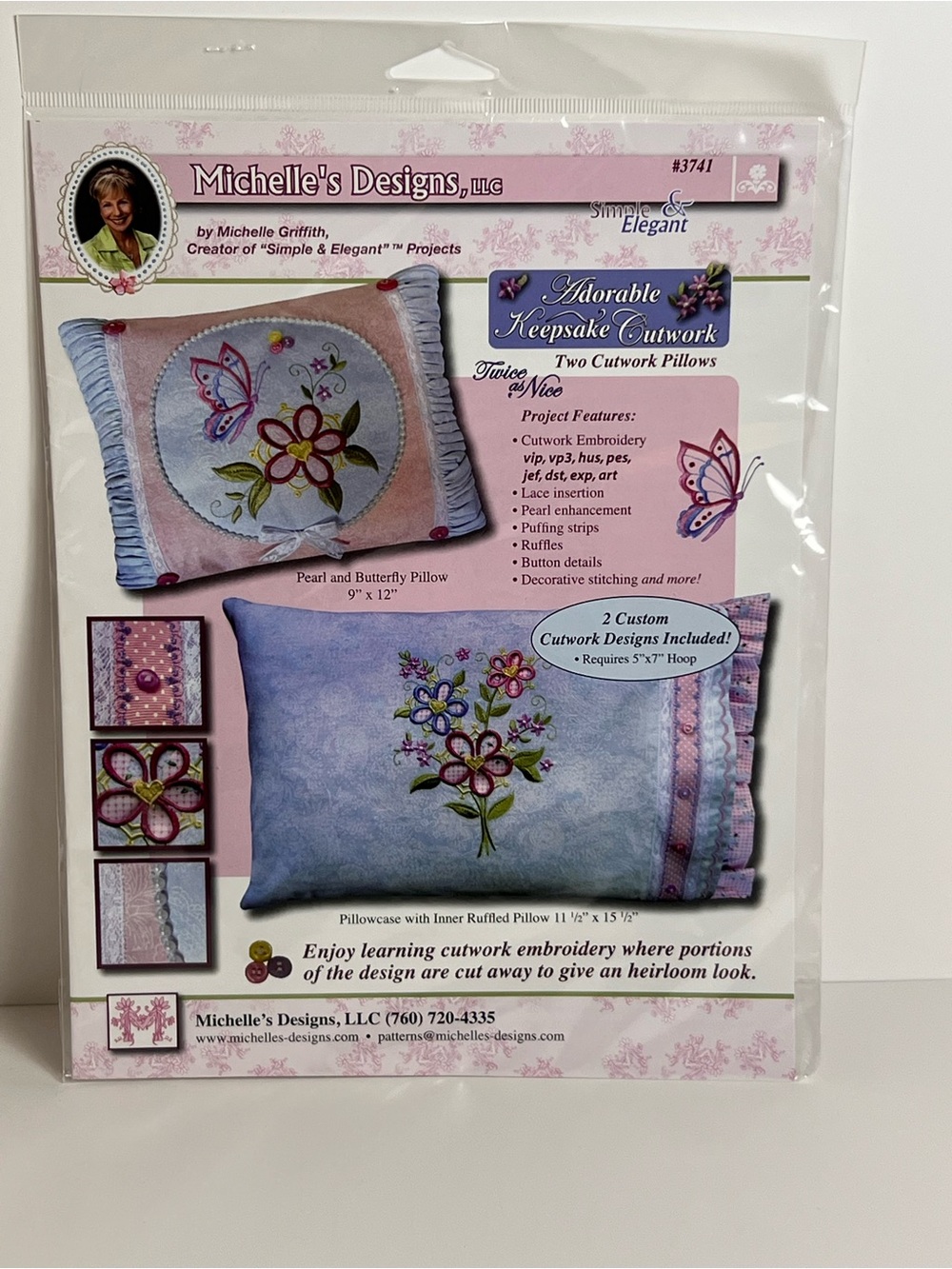 Michelle's Designs Cutwork Pillows Embroidery Design CD 3741 Butterfly Floral